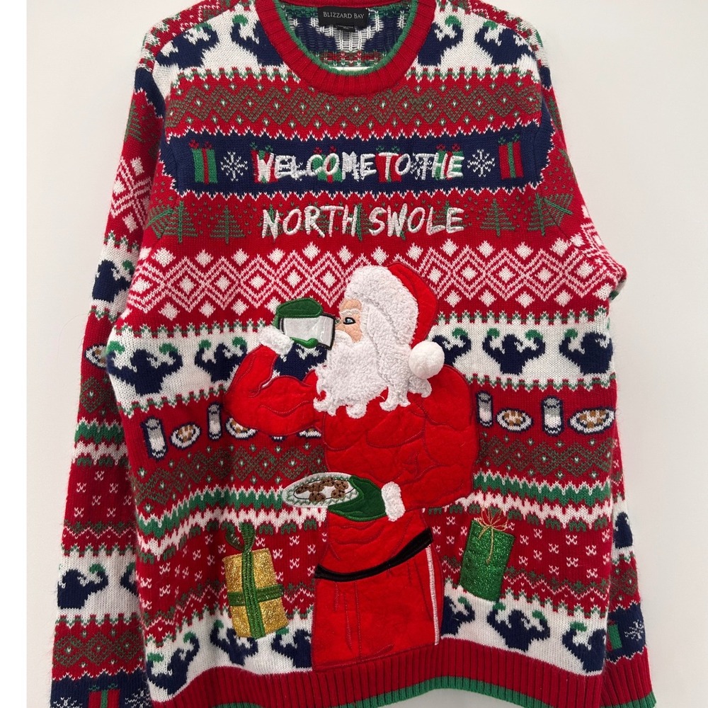 Blizzard Bay Mens XL North Swole Muscle Santa Ugly Christmas Sweater Gym Red